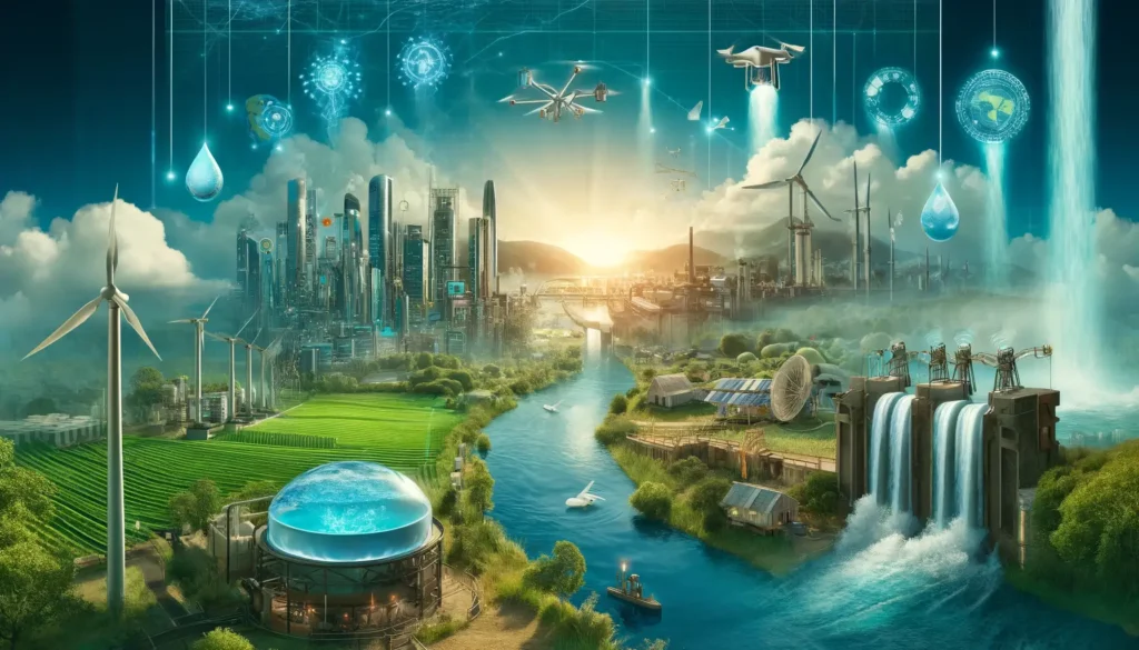 AI solutions for water leak detection, sustainable water management with IoT sensors, nanotechnology for water purification and reuse, desalination technology powered by renewable energy, circular water economy and wastewater treatment.